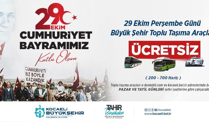 Kocaeli’de 29 Ekim’de Toplu Ulaşım Ücretsiz